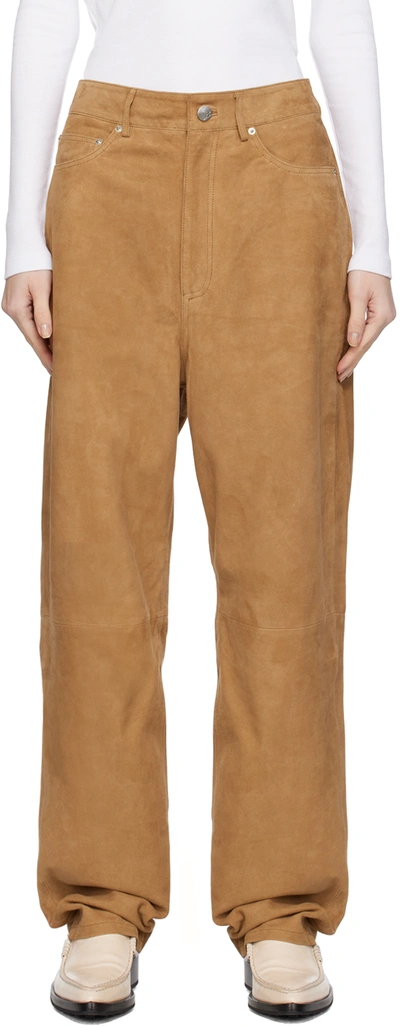 Shop Remain Birger Christensen Tan Straight Leather Trousers In 17-1327 Tobacco