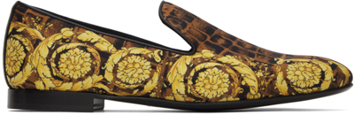 Shop Versace Brown Baroccodile Loafers In 5x330
