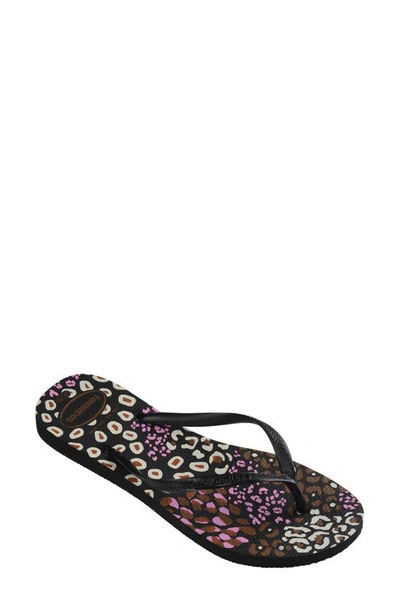 Shop Havaianas Slim Animal Print Flip Flop In Black/ Pink Lemonade