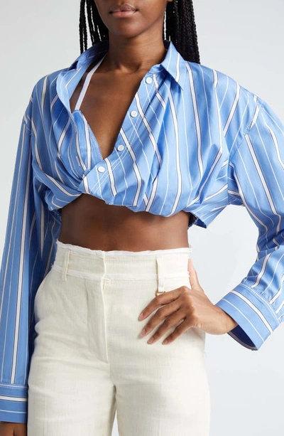 Shop Jacquemus La Chemise Bahia Stripe Crop Cotton Shirt In Blue Stripes