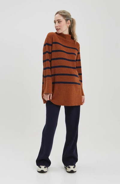 Nom Maternity Sarabeth Stripe Tunic Sweater In Brown Navy Stripe