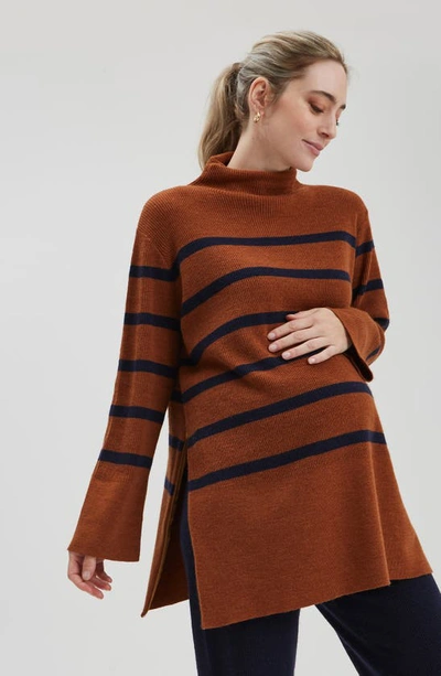Nom Maternity Sarabeth Stripe Tunic Sweater In Brown Navy Stripe