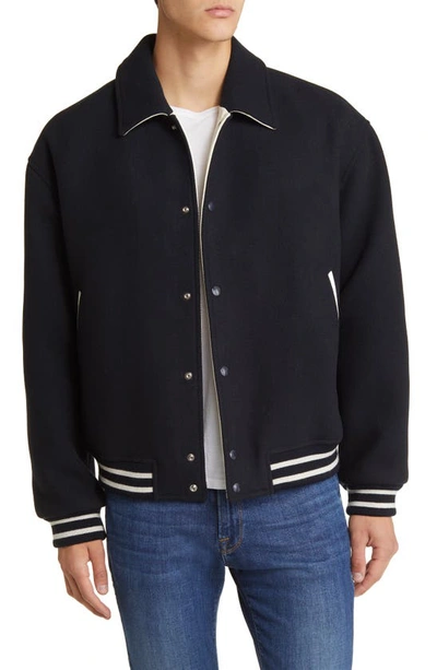 Shop Frame Fall Wool Blend Varsity Jacket In Midnight Blue