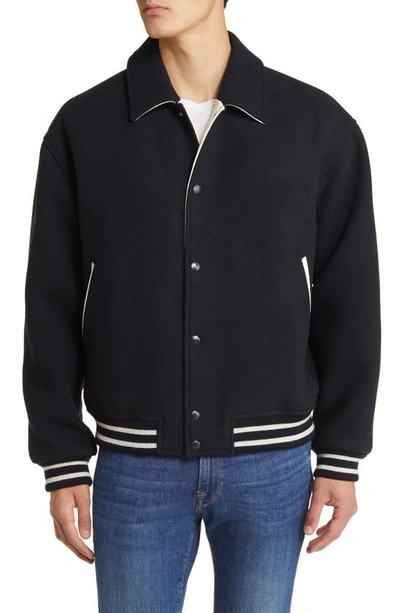 Shop Frame Fall Wool Blend Varsity Jacket In Midnight Blue