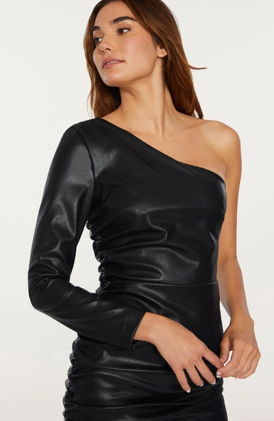 Shop Likely Serena One-shoulder Single Long Sleeve Faux Leather Minidress In Black