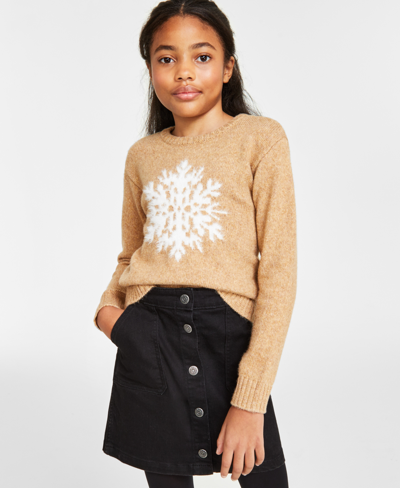 Shop Charter Club Holiday Lane Big Girls Snowflake Crewneck Sweater, Created For Macy's In Warm Camel Heather Combo