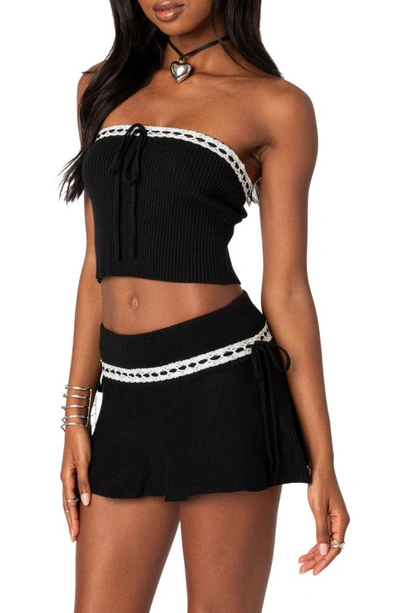 Edikted Khloe Lacey Ribbon Knit Tube Top In Black