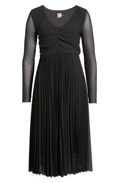 Shop Hugo Boss Erlissi Pleated Long Sleeve Dress In Black
