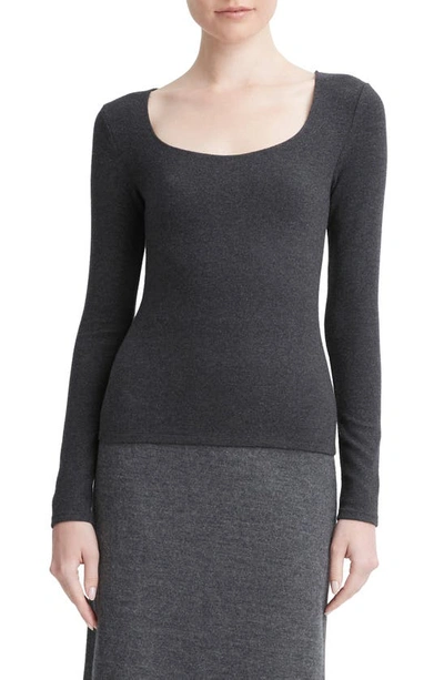 Shop Vince Long Sleeve Scoop Neck Knit Top In Heather Charcoal