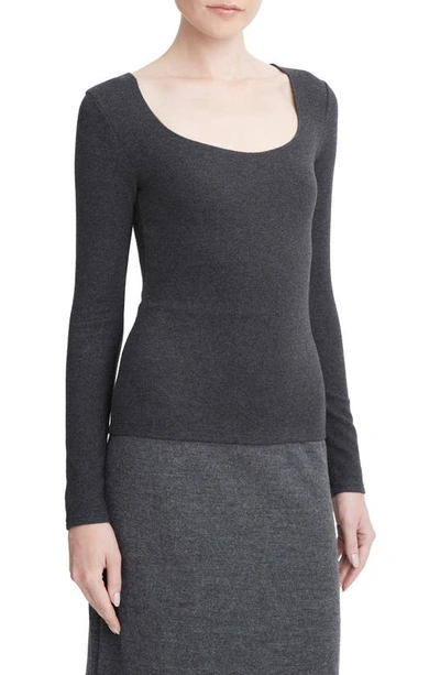 Shop Vince Long Sleeve Scoop Neck Knit Top In Heather Charcoal