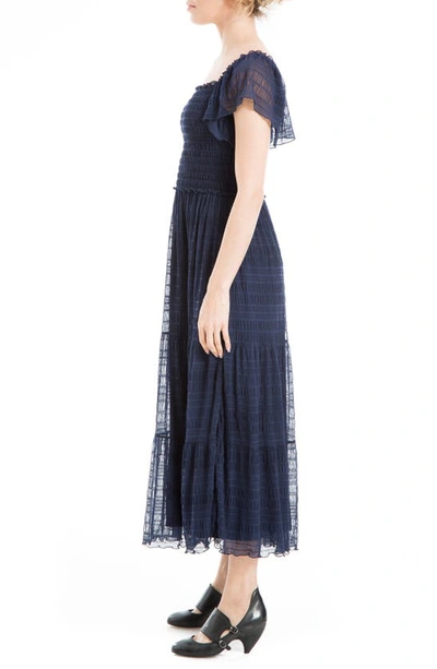 Shop Max Studio Mesh Smocked Midi Dress In Sapphire
