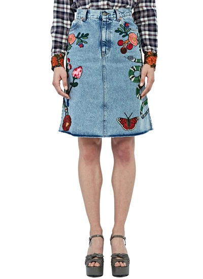 Gucci Women's Embroidered Denim Skirt In Blue In Iedigo Llue