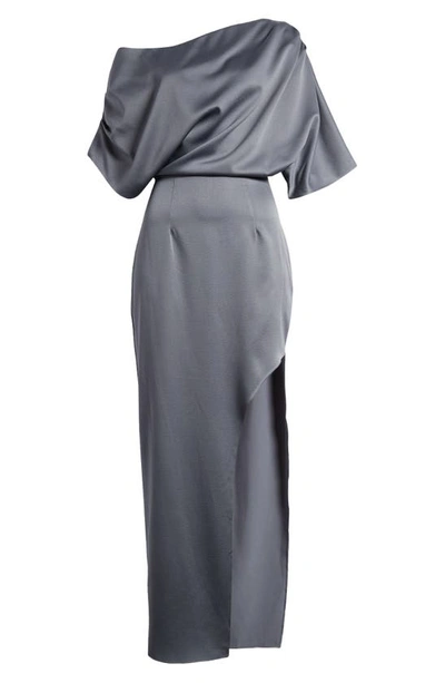 Shop Elliatt Andrea One-shoulder Satin Gown In Charcoal