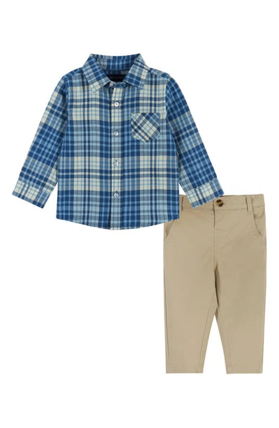 Shop Andy & Evan Plaid Button-up Shirt & Pants Set In Blue Cream Plaid
