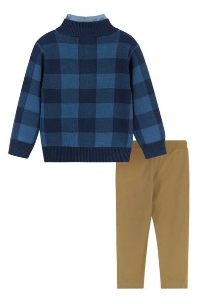 Shop Andy & Evan Kids' Zip-up Sweater, Shirt & Pants Set In Navy Check