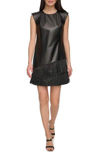 Shop Dkny Beaded Fringe Faux Leather Shift Dress In Black