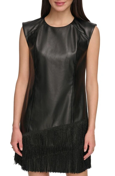 Shop Dkny Beaded Fringe Faux Leather Shift Dress In Black