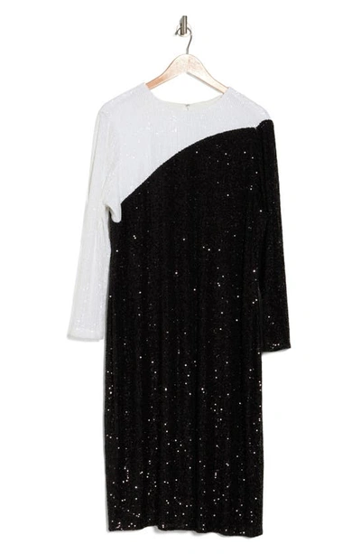 Shop Anne Klein Colorblock Sequin Long Sleeve Midi Dress In Anne Black/ Anne White