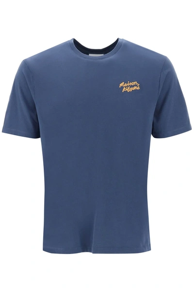 Shop Maison Kitsuné Crew Neck T Shirt With Logo Embroidery In Blue
