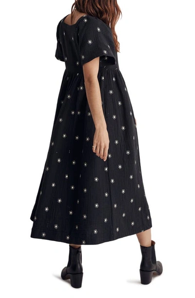 Shop Madewell Daisy Embroidered Lightspun Square Neck Midi Dress In True Black