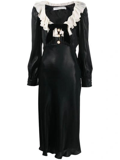 Shop Alessandra Rich Volant Detail Silk Midi Dress In Black