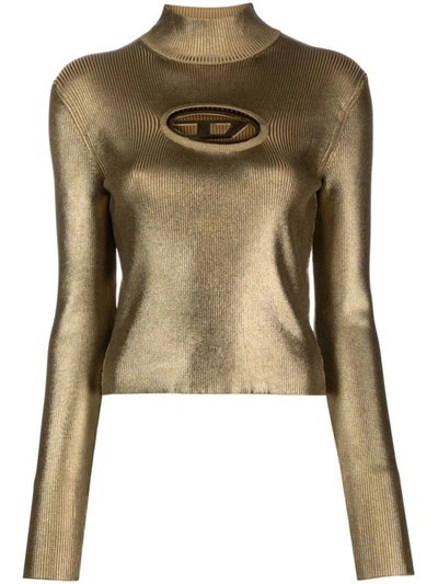 Shop Diesel High-neck Sweater With Logo Plaque In Metallic