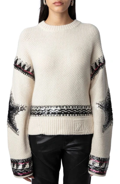 Shop Zadig & Voltaire Kanson Sequin Stars Crewneck Cashmere Sweater In Sugar