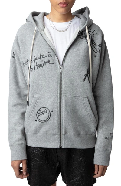 Shop Zadig & Voltaire Spencer Manifesto Tag Cotton Blend Zip-up Graphic Hoodie In Gris Chine