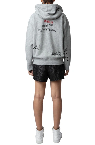Shop Zadig & Voltaire Spencer Manifesto Tag Cotton Blend Zip-up Graphic Hoodie In Gris Chine