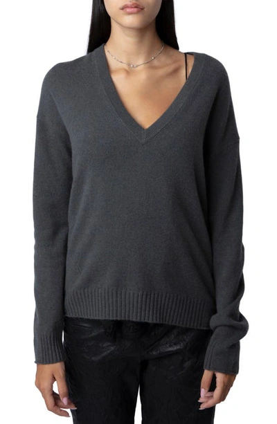 Shop Zadig & Voltaire Vivi Patch Cashmere V-neck Sweater In Ardoise