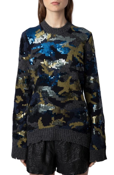 Shop Zadig & Voltaire Cosmy We Camou Sequin Wool Crewneck Sweater In Ardoise