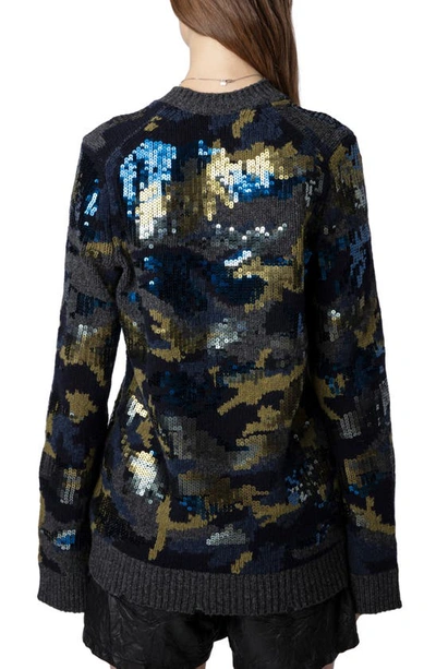 Shop Zadig & Voltaire Cosmy We Camou Sequin Wool Crewneck Sweater In Ardoise