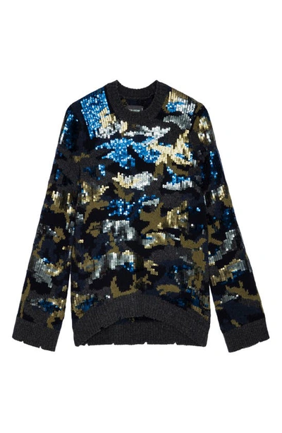 Shop Zadig & Voltaire Cosmy We Camou Sequin Wool Crewneck Sweater In Ardoise