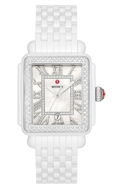 Shop Michele Deco Madison Diamond Bracelet Watch, 33mm In White