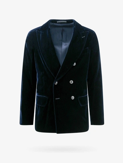Giorgio Armani Velvet Blazer With Button Detailing And Wide Lapel In Blue