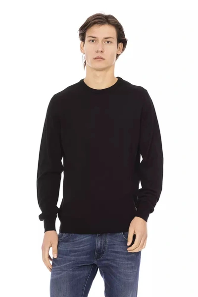 Shop Baldinini Trend Sleek Black Monogrammed Crewneck Men's Sweater