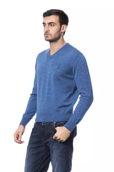 Shop Billionaire Italian Couture Embroidered Merino Wool Crew Neck Men's Sweater In Blue