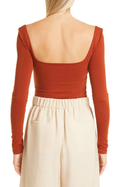 Vince Square Neck Long Sleeve Stretch Cotton Knit Top In Rust Amber