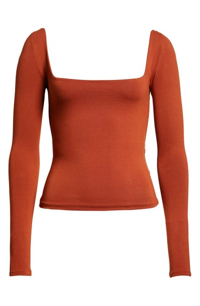 Vince Square Neck Long Sleeve Stretch Cotton Knit Top In Rust Amber