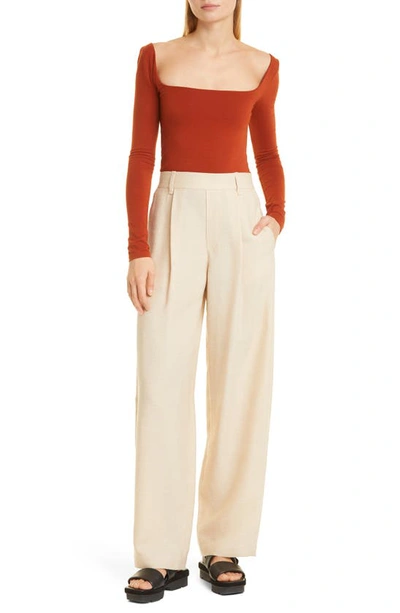Vince Square Neck Long Sleeve Stretch Cotton Knit Top In Rust Amber