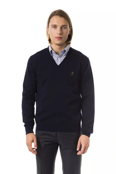 Shop Uominitaliani Elegant V-neck Merino Wool Men's Sweater In Blue