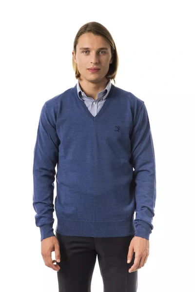 Shop Uominitaliani Embroidered V-neck Merino Wool Men's Sweater In Blue