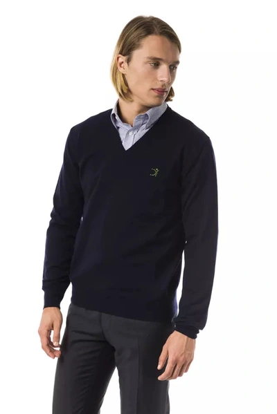 Shop Uominitaliani Elegant V-neck Merino Wool Men's Sweater In Blue