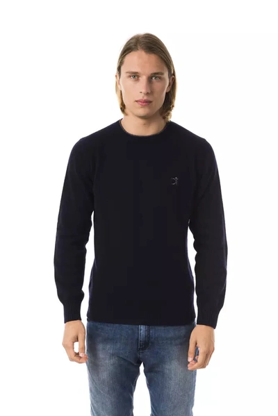 Shop Uominitaliani Exquisite Embroidered Crew Neck Wool Men's Sweater In Blue