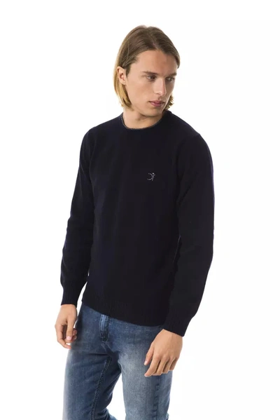 Shop Uominitaliani Exquisite Embroidered Crew Neck Wool Men's Sweater In Blue