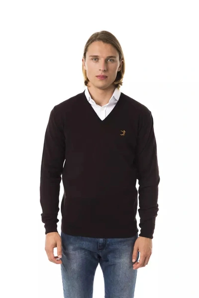 Shop Uominitaliani Embroidered V-neck Merino Wool Men's Sweater In Brown