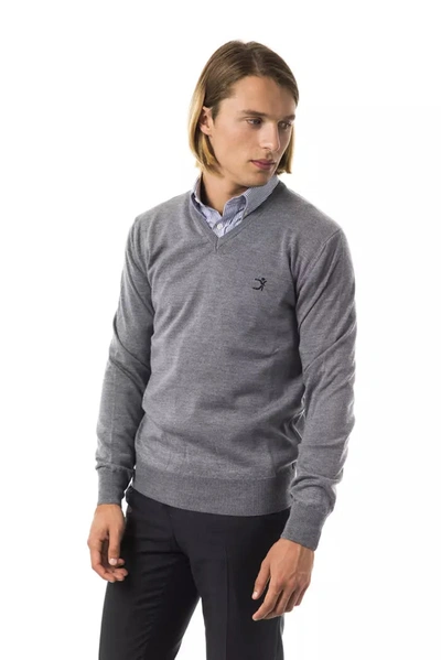 Shop Uominitaliani Embroidered V-neck Extrafine Merino Wool Men's Sweater In Gray