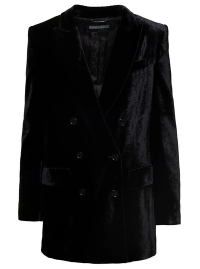 Shop Alberta Ferretti Black Double-breasted Jacket With Tonal Buttons In Velvet Woman