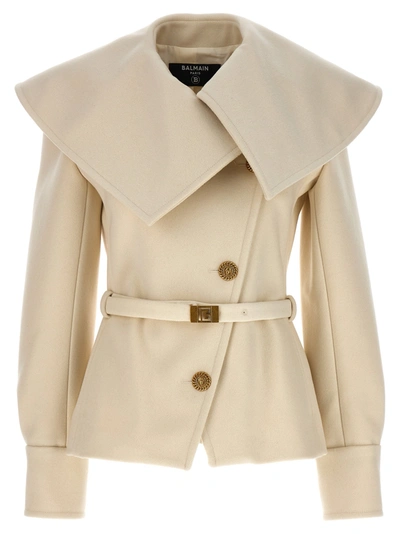 Shop Balmain Double-breasted Short Coat Coats, Trench Coats White