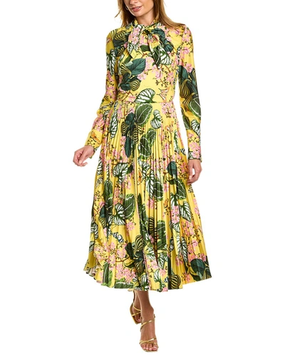 Shop Oscar De La Renta Mixed Botanical Jersey Silk-trim Maxi Dress In Yellow